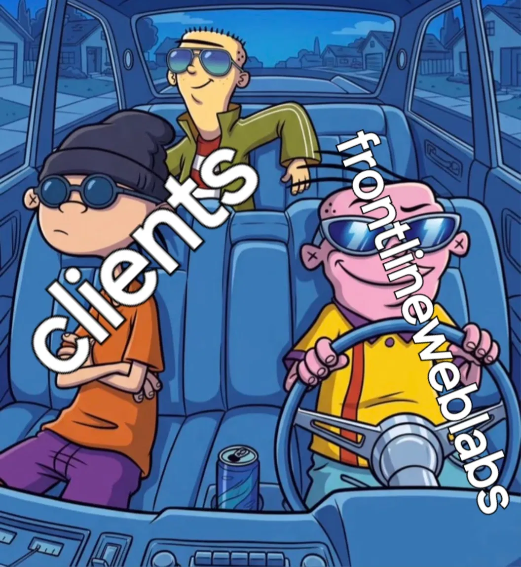 Cartoon characters cruising in a car — clients riding with Frontline Web Labs