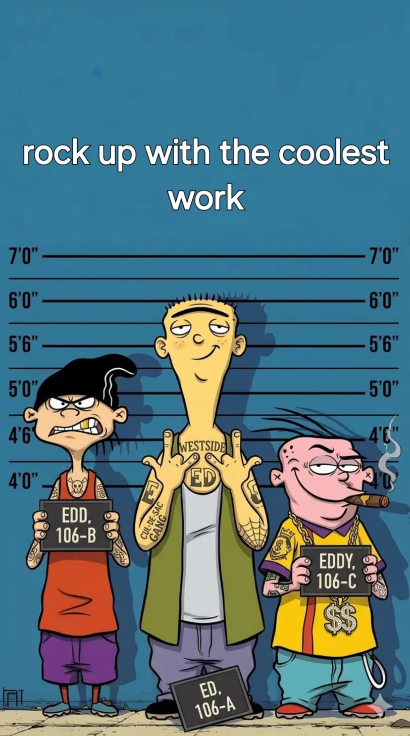 Cartoon characters in a police lineup looking confident