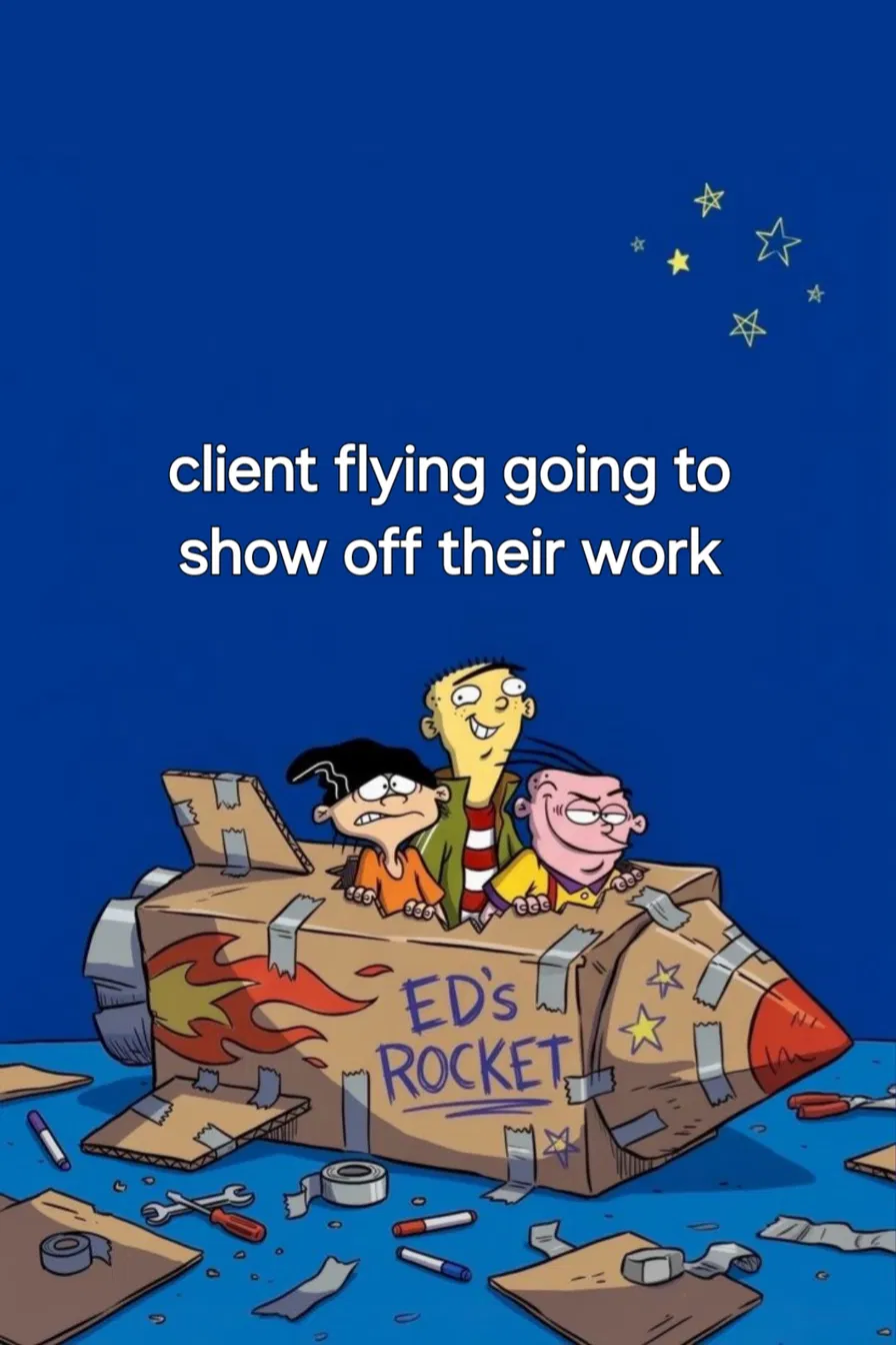 Cartoon characters in a cardboard rocket ready for launch